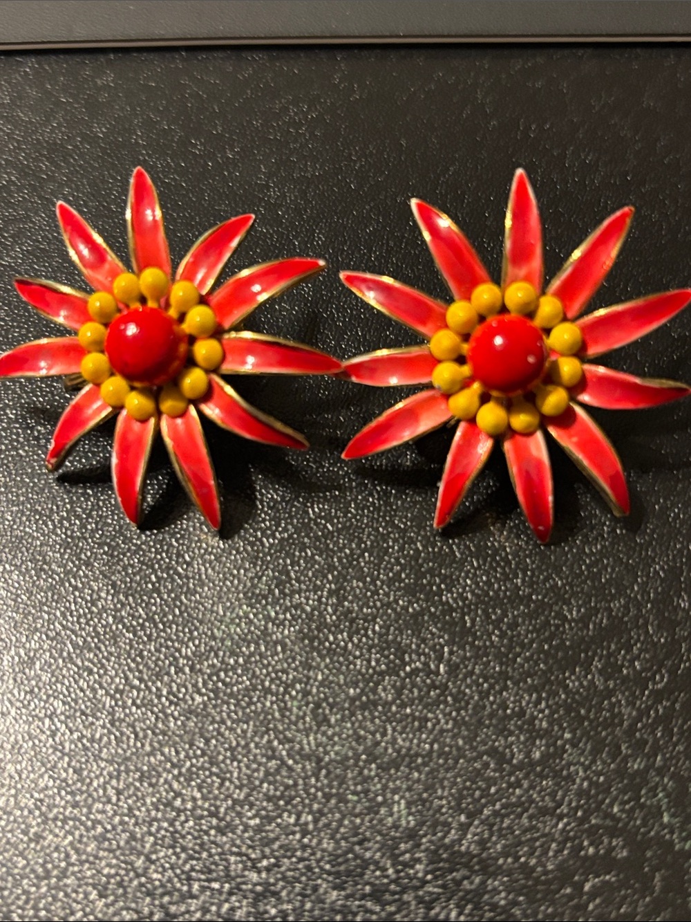 Red Yellow Flower Earrings Vintage Vacation Paradise Tropical Flamboyant Clip on